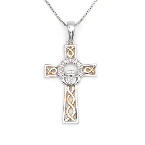 Gold & Silver Celtic Cross Claddagh Necklace With Diamond