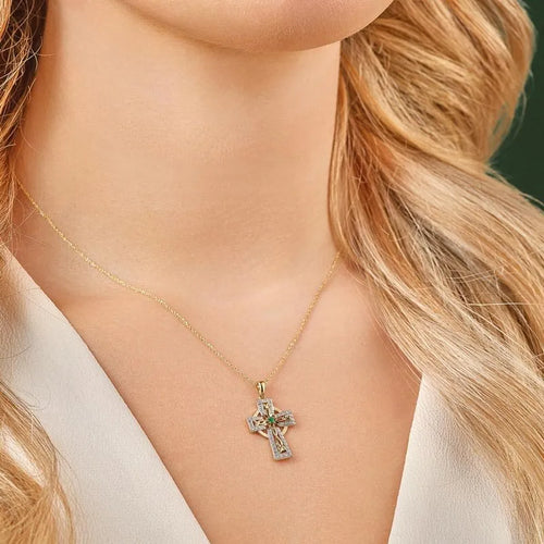 Gold Emerald and Diamond Celtic Cross Necklace