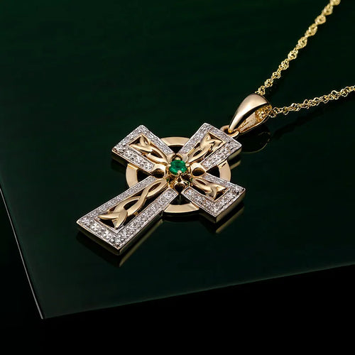 Gold Emerald and Diamond Celtic Cross Necklace