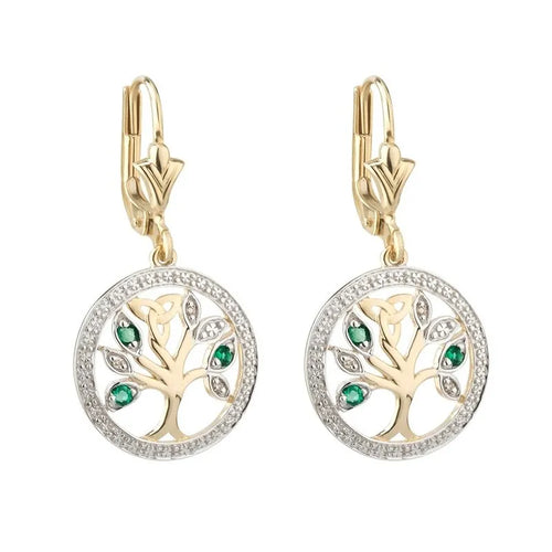 Diamond & Emerald Celtic Tree Of Life Gold Earrings