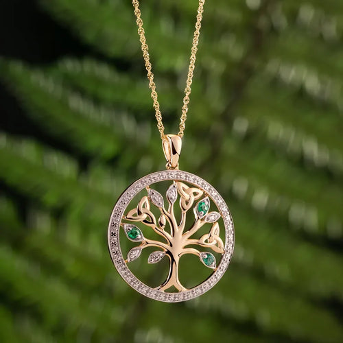 Diamond and Emerald Tree Of Life Pendant in 14K Gold