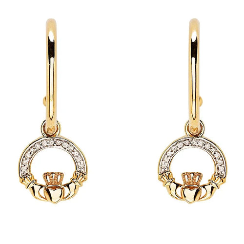 Gold Claddagh Drop Earrings with Lab Diamonds