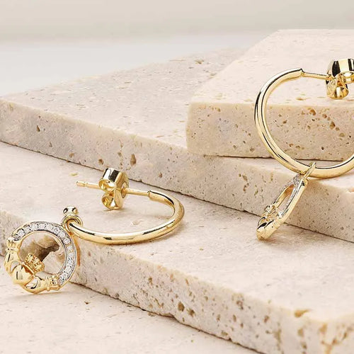 Gold Claddagh Drop Earrings with Lab Diamonds