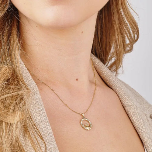 Gold Claddagh Necklace With Flush Set Diamonds