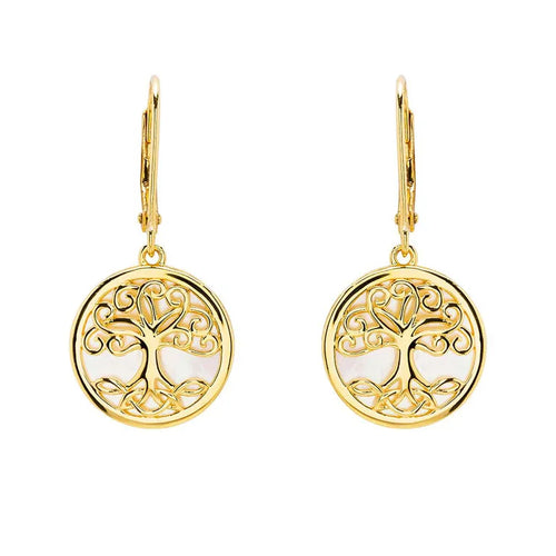 14K Gold Vermeil Tree of Life Earrings set with Mother of Pearl