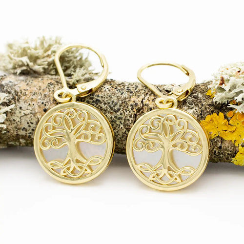 14K Gold Vermeil Tree of Life Earrings set with Mother of Pearl