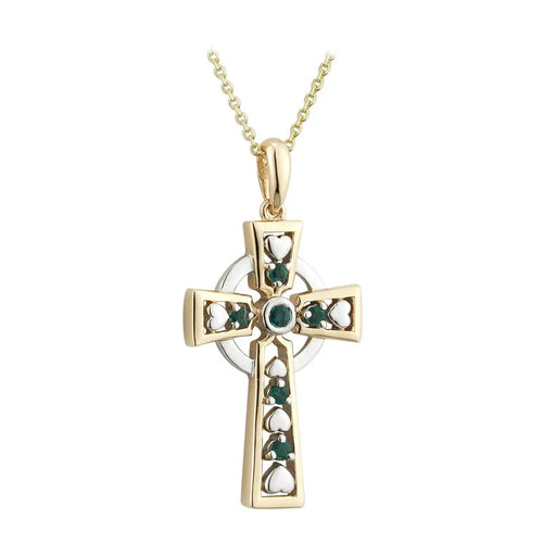 Two Tone Gold Celtic Cross Pendant with Emeralds