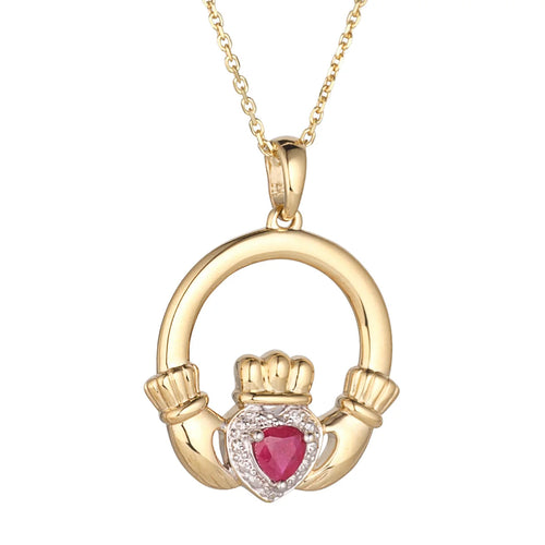 Gold Claddagh Necklace With Precious Gemstone Heart & Diamonds