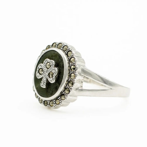 Connemara Marble & Marcasite Shamrock Ring in Sterling Silver
