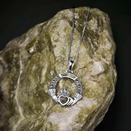 Connemara Marble & Marcasite Claddagh Pendant in Sterling Silver