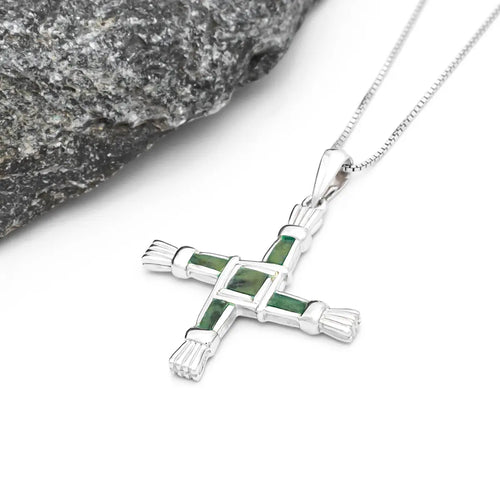 Sterling Silver St Brigids Cross Pendant Set With Connemara Marble
