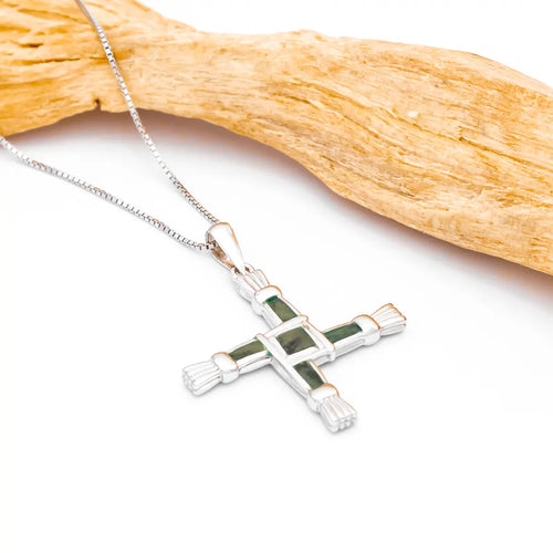 Sterling Silver St Brigids Cross Pendant Set With Connemara Marble