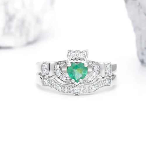 Gold Emerald and Diamond Irish Claddagh Engagement Ring Set