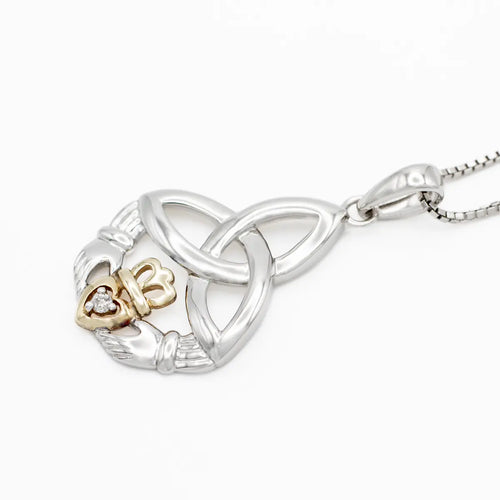 Gold & Silver Claddagh Trinity Knot Pendant Adorned With Diamond