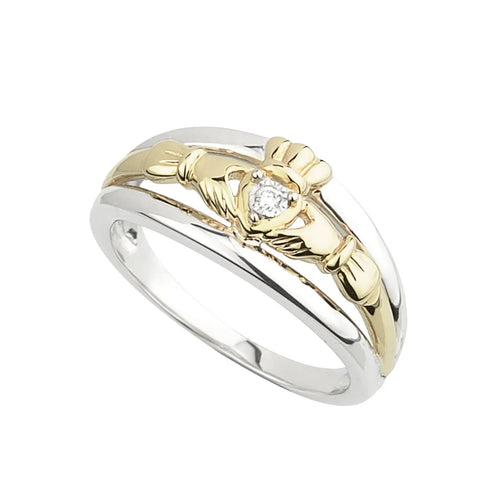 Ladies Gold And Silver Diamond Claddagh Ring