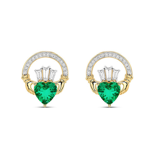 Gold Claddagh Earrings with Lab Emerald or Lab Diamond Heart