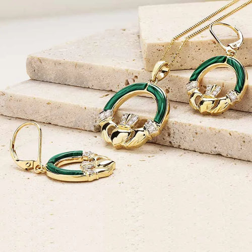 Gold Claddagh Earrings With Malachite & Lab Diamonds