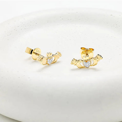 Gold Claddagh Stud Earrings With Lab Diamonds