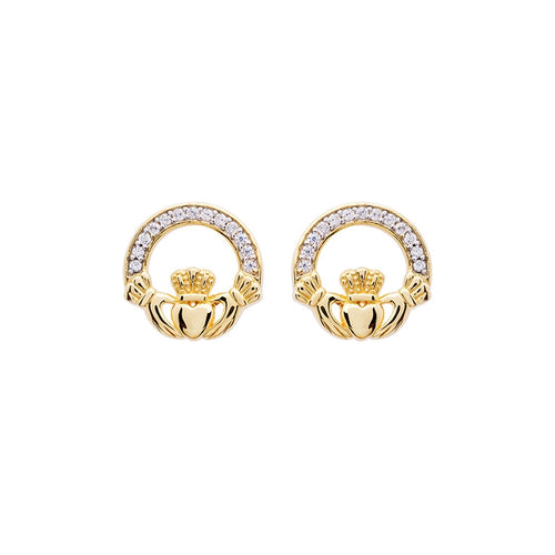 Gold Vermeil Claddagh Stud Earrings with Cubic Zirconia