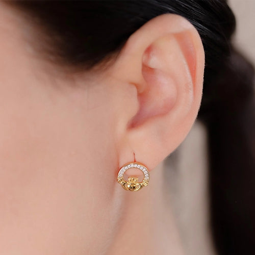 Gold Vermeil Claddagh Stud Earrings with Cubic Zirconia