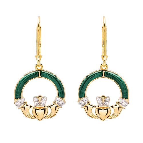 Gold Vermeil Malachite Claddagh Drop Earrings