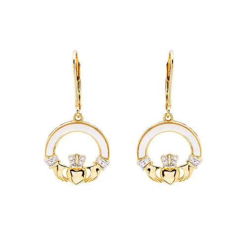 Gold Vermeil Mother of Pearl Claddagh Drop Earrings