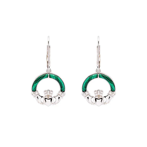 Green Malachite Sterling Silver Claddagh Earrings