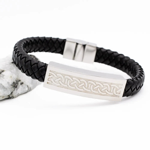 Mens Steel Celtic Black Leather Bracelet