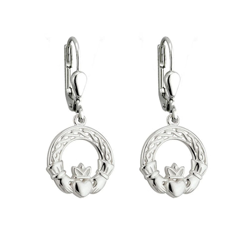 Silver Claddagh Drop Earrings With Celtic Knotwork