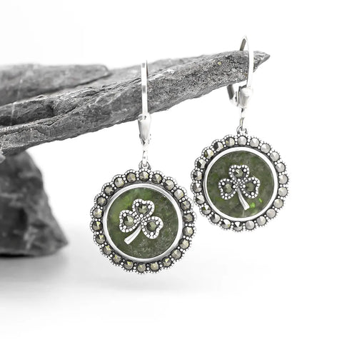 Connemara Marble Sterling Silver Marcasite-studded Shamrock Earrings