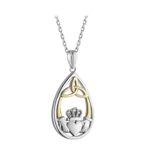 Gold & Silver Diamond Claddagh Trinity Knot Necklace