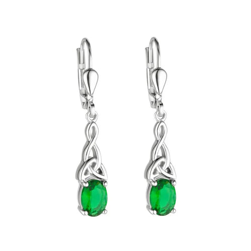 Silver Celtic Trinity Knot Drop Earrings With Green Crystal
