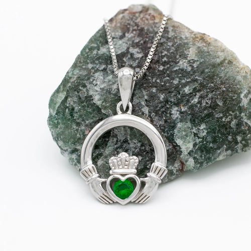 Silver Claddagh Pendant With Green Crystal