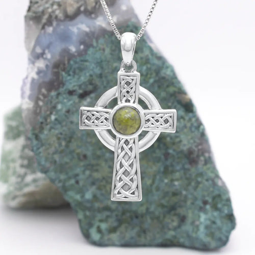 Sterling Silver Celtic Cross Pendant Featuring Connemara Marble