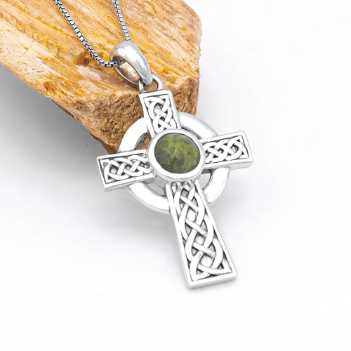 Sterling Silver Celtic Cross Pendant Featuring Connemara Marble