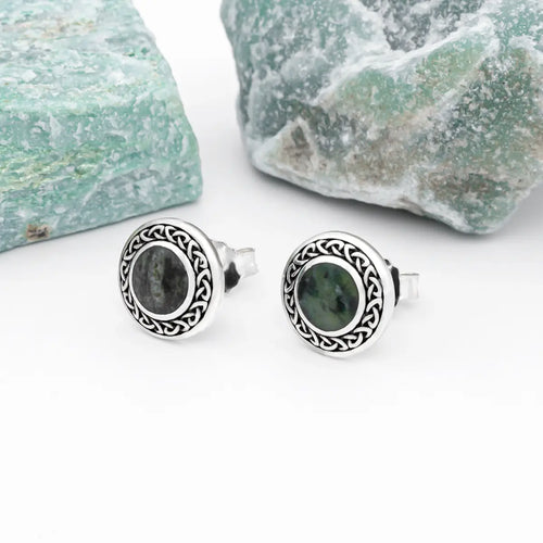 Silver Connemara Marble Round Celtic Stud Earrings