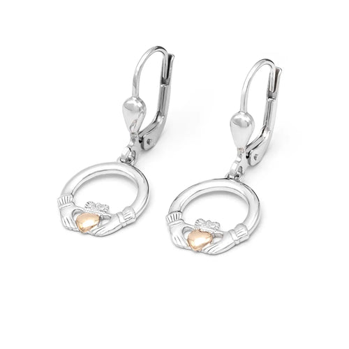 Sterling Silver Claddagh Drop Earrings with 10k Gold Heart