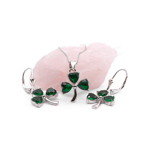 Silver Irish Shamrock Necklace & Earrings Set