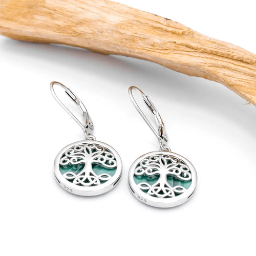 Silver Tree of Life Drop Earrings with Green Malachite Stone