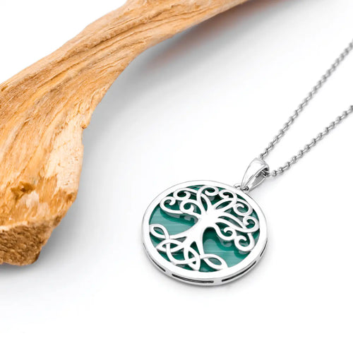 Silver Tree of Life Pendant with Green Malachite Stone