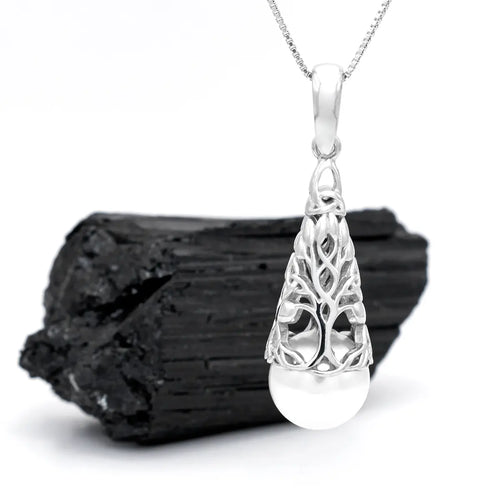 Silver Pearl Tree of Life Pendant and Earrings Gift Set