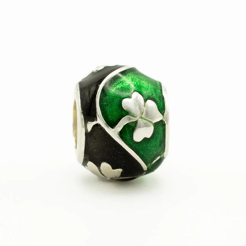 Silver Shamrock Bead Inlaid with Green & Black Enamel