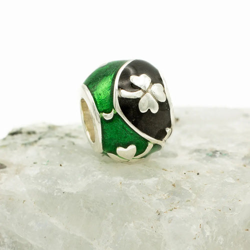 Silver Shamrock Bead Inlaid with Green & Black Enamel