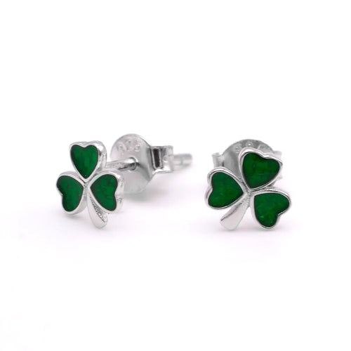 Silver Shamrock Stud Earrings With Green Enamel