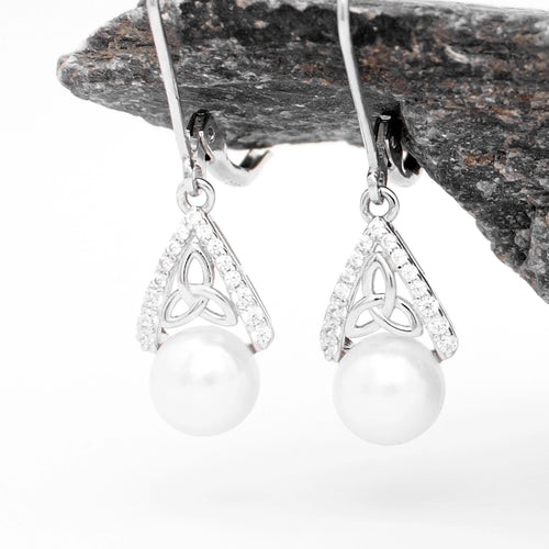 Silver Trinity Knot Pearl Pendant And Earrings Gift Set