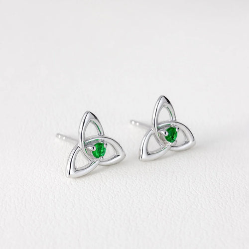Silver Trinity Knot Stud Earrings With Green Crystals