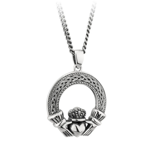 Mens Oxidized Sterling Silver Celtic Claddagh Pendant