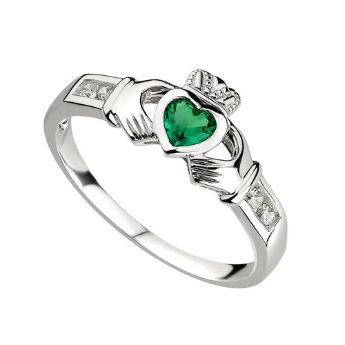 Silver Claddagh Ring With Synthetic Emerald Heart