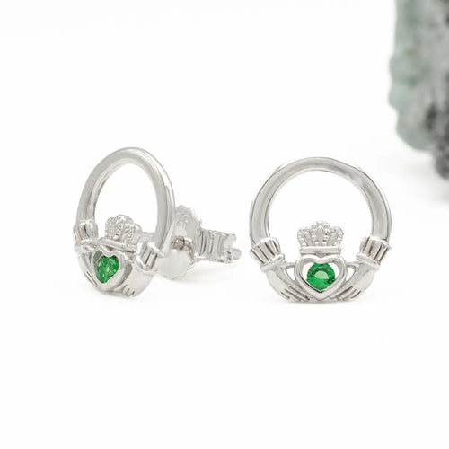 Sterling Silver Claddagh Earrings With Green Crystal Centerpiece