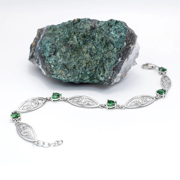 Sterling Silver Trinity Knot Bracelet With Green Crystals